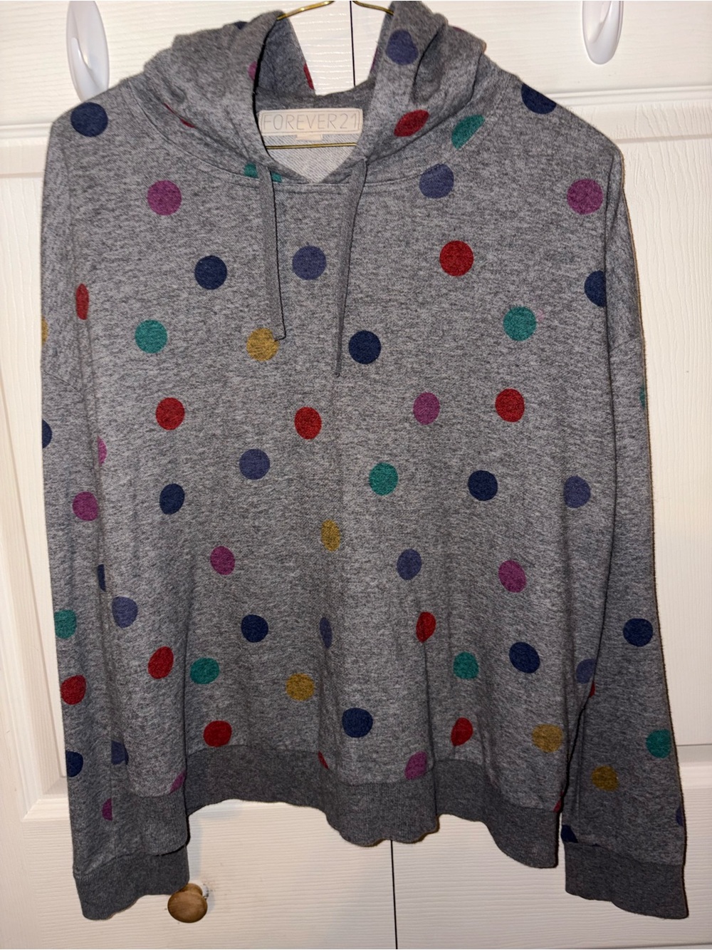 Forever 21 Womenโs Hoodie in Heather Gray with Multicolored Polka Dots
